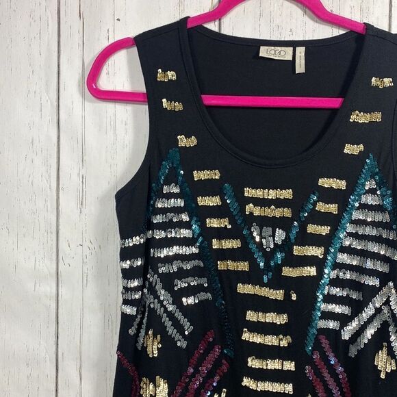 Logo By Lori Goldstein Sleeveless Sequins Black Multi Festive Tunic Top - Picture 3 of 12